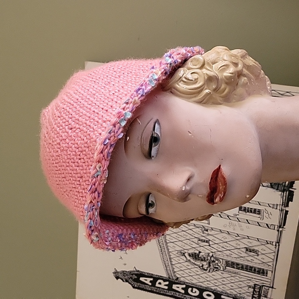 HAND CRAFTED hat with brim HANDMADE pink multi-colored eyelash yarn trim crochet